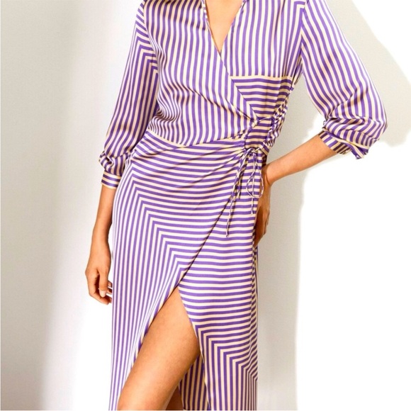 Mango Dresses & Skirts - Mango (MNG) Satin Purple & Cream Striped Wrap Dress. Mid Length. Size 8.